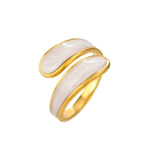 Adjustable gold titanium steel ring with white marble enamel inlay and open band design