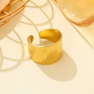 Adjustable golden stainless steel ring with vertical brushed texture for women