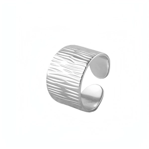 Silver wide open ring with textured bark pattern in polished stainless steel for women