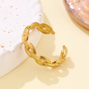 Minimalist gold open ring featuring a hollow chain link design in polished stainless steel