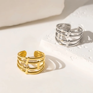 Minimalist Stainless Steel Multi Layer Open Ring For Women Geometric Hollow Out Adjustable Fashion Jewelry Finger Ring