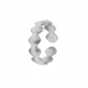 Bague ajustable en acier inoxydable argenté avec motif de coquillages texturés