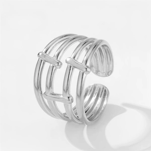Minimalist silver multilayer geometric open cuff ring in polished stainless steel