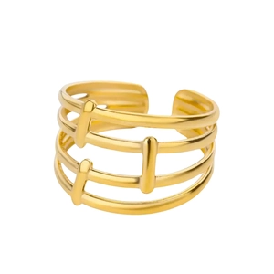 Minimalist gold multi-layer geometric open ring with three-tier parallel metal bands