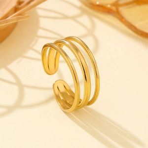 Three-layer curved gold titanium steel open ring with minimalist modern design for women