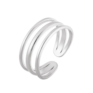 Minimalist triple-layer silver open ring with adjustable bands in stainless steel