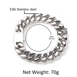 Detail of 12mm wide 316L stainless steel Cuban link bracelet with 20cm circumference