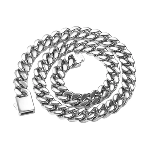 Polished stainless steel Cuban link necklace with rectangular lobster clasp on white background