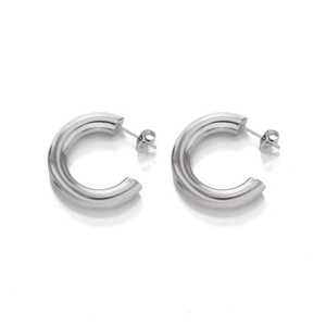 Minimalist silver C-shape chunky hoop earrings with high-polished stainless steel finish