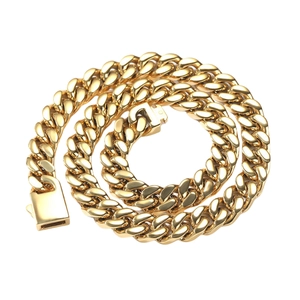 Detailed view of gold-plated stainless steel Cuban link chain with a polished box clasp