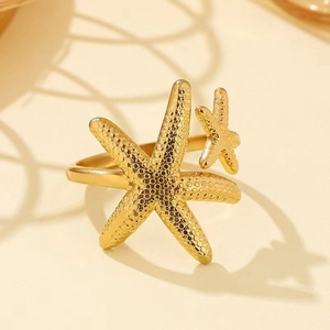 Minimalist gold starfish open ring with unique textured double star design for women