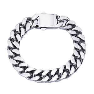 Flat top view of heavy stainless steel Cuban chain necklace with large fold-over clasp