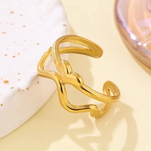 Minimalist gold plated double layer wavy open ring with delicate heart detail
