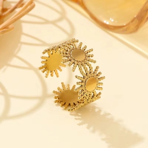 French vintage 18k gold plated sunflower open ring with elegant beaded edge texture