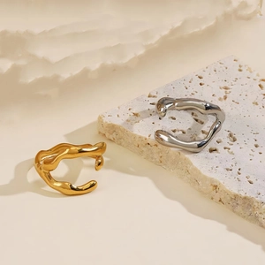 Minimalist Stainless Steel Irregular Open Ring For Women Lava Fluid Metal Wave Adjustable Ring Fashion Jewelry