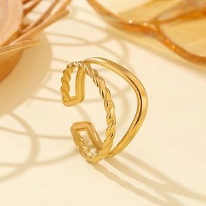 Minimalist double-layered gold adjustable ring with twisted rope and smooth band design