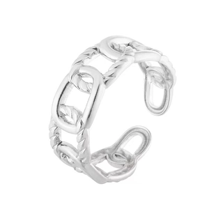 Adjustable silver twisted Cuban link chain ring with a polished minimalist aesthetic