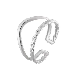 Minimalist double-layered silver ear cuff with smooth and twisted rope braid design