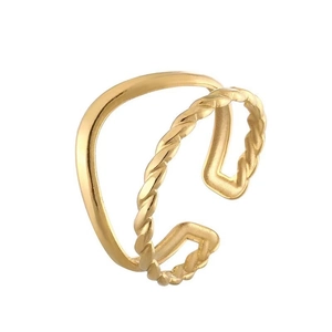 Minimalist double-layered golden stainless steel cuff ring with smooth and twisted bands