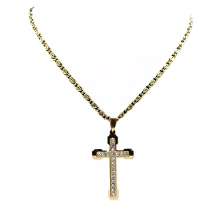 Collier croix dorée polie avec cristaux sur deux rangées et chaîne de style Figaro
