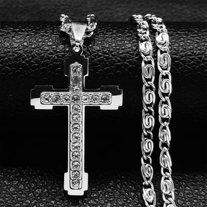 Collier croix en acier inoxydable avec diamants et chaîne torsadée argentée pour homme