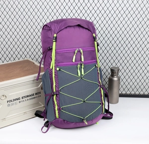 Detail view of purple hiking backpack with side mesh pocket and elastic bungee cords