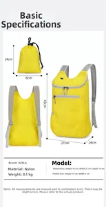 Detailed size chart of a yellow foldable nylon backpack showing storage dimensions