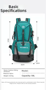 Zaino da trekking in nylon impermeabile con dettaglio di capacità espandibile fino a 50L