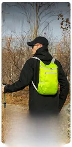 Foldable lightweight outdoor backpack in neon green shown with compact yellow storage pouch