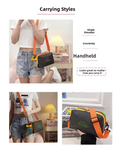 Detail of color-block sling bag with rainbow zipper and adjustable orange strap