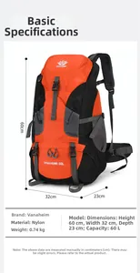 Detailed specifications of the 60L orange nylon hiking backpack with size measurements