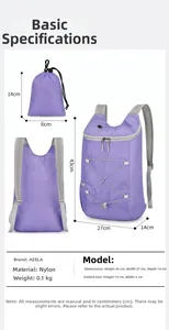 Foldable purple hiking backpack detail showing lightweight 0.1kg design and dimensions