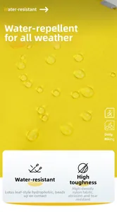 Detail of high-density nylon fabric showing water-resistant droplets on the yellow surface