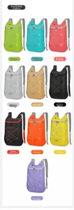 Collage of ten colorful water-resistant lightweight foldable hiking backpacks in various hues