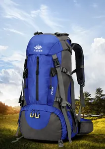 Detail of blue 45+5L hiking backpack with yellow buckles and ergonomic back system