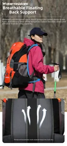 Detail of the breathable padded mesh back panel on a 60L outdoor hiking backpack