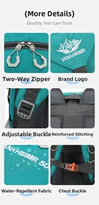 Dettagli del tessuto ripstop impermeabile e delle fibbie rinforzate sullo zaino da trekking
