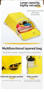 Macro view of bright yellow folding backpack showing main compartment and storage pockets