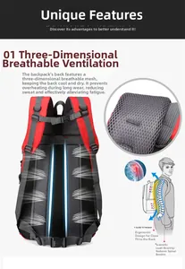 Detail view of ergonomic breathable mesh back panel for red and black hiking backpack