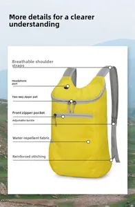 Detailing breathable mesh straps and water-resistant fabric on yellow outdoor backpack