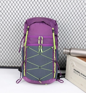 Detailed side view of a purple outdoor hiking backpack with green elastic bungee cords