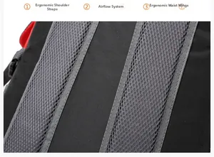 Detail of ergonomic breathable back panel with air flow system on outdoor backpack