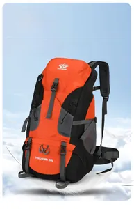 Lightweight 60L orange hiking backpack with adjustable straps and VANAHEIMR logo