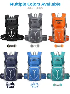 Outdoor cycling backpacks shown in six colors with reflective V-strips and waist pockets