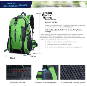 Detail view of 50x33x20cm waterproof nylon hiking backpack with 3D breathable back system