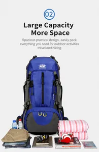 Detailed view of a 45+5L blue hiking backpack with trekking gear and large storage space