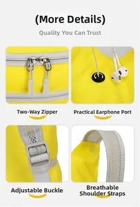 Detail view of two-way zipper, earphone hole, and breathable straps on yellow backpack