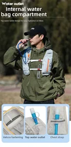 Detail showing water outlet and adjustable chest strap on grey hydration vest
