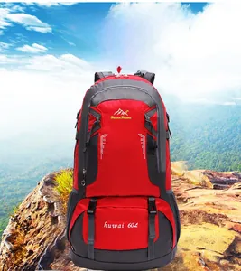Detailed view of 60L professional outdoor hiking backpack in red and black nylon