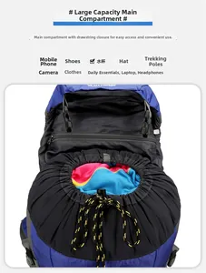 Detailed top view of large outdoor backpack with drawstring closure and spacious interior
